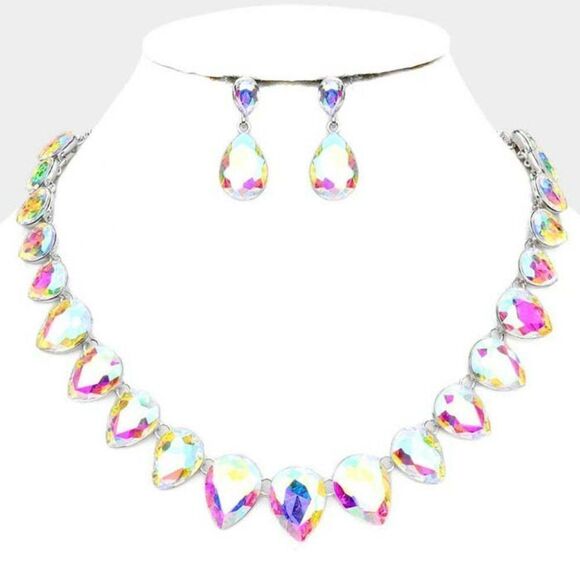 Teardrop Abalone Crystal Silver Evening Necklace Set - Picture 1 of 6